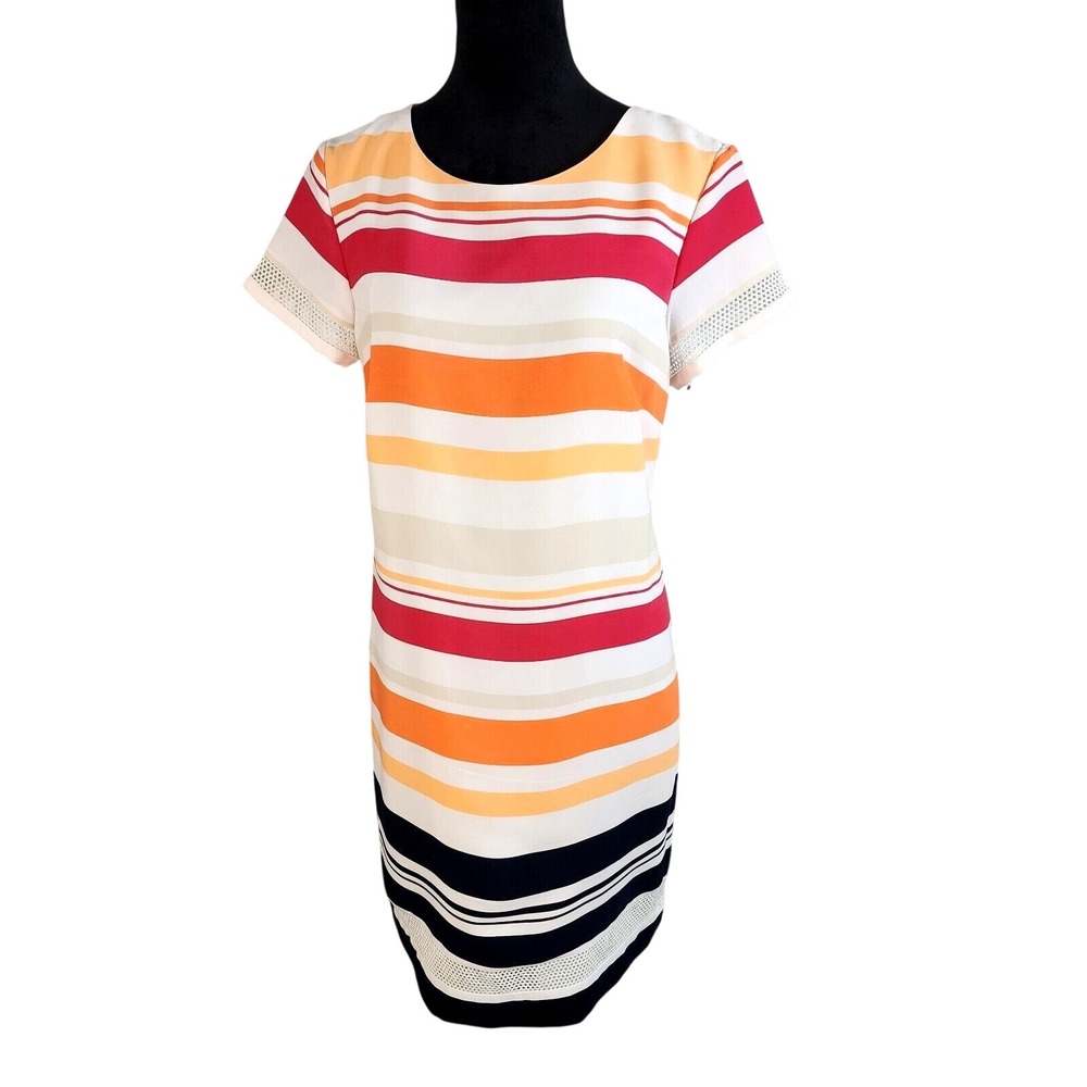 New! JONES NEW YORK Size 10 Colorful Striped Short Sleeve Shift Dress Mesh Trim